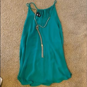 Teal sleeveless business casual top with necklace attached